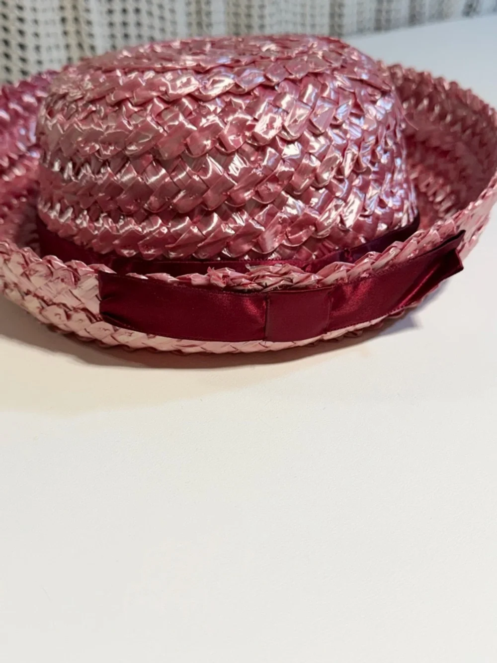 VINTAGE raspberry straw hat‎ 50s 60s bowler church dressy ribbon bow mid century - Picture 8 of 11